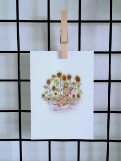 Anillustration Ansichtkaart Zonnebloemen met muisje