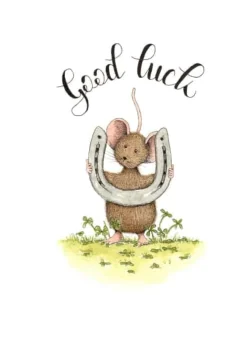 Anillustration Ansichtkaart Muis met hoefijzer good luck
