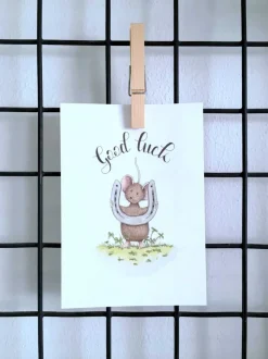 Anillustration Ansichtkaart Muis met hoefijzer good luck