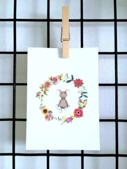 Anillustration Ansichtkaart Muisje  in bloemenkrans