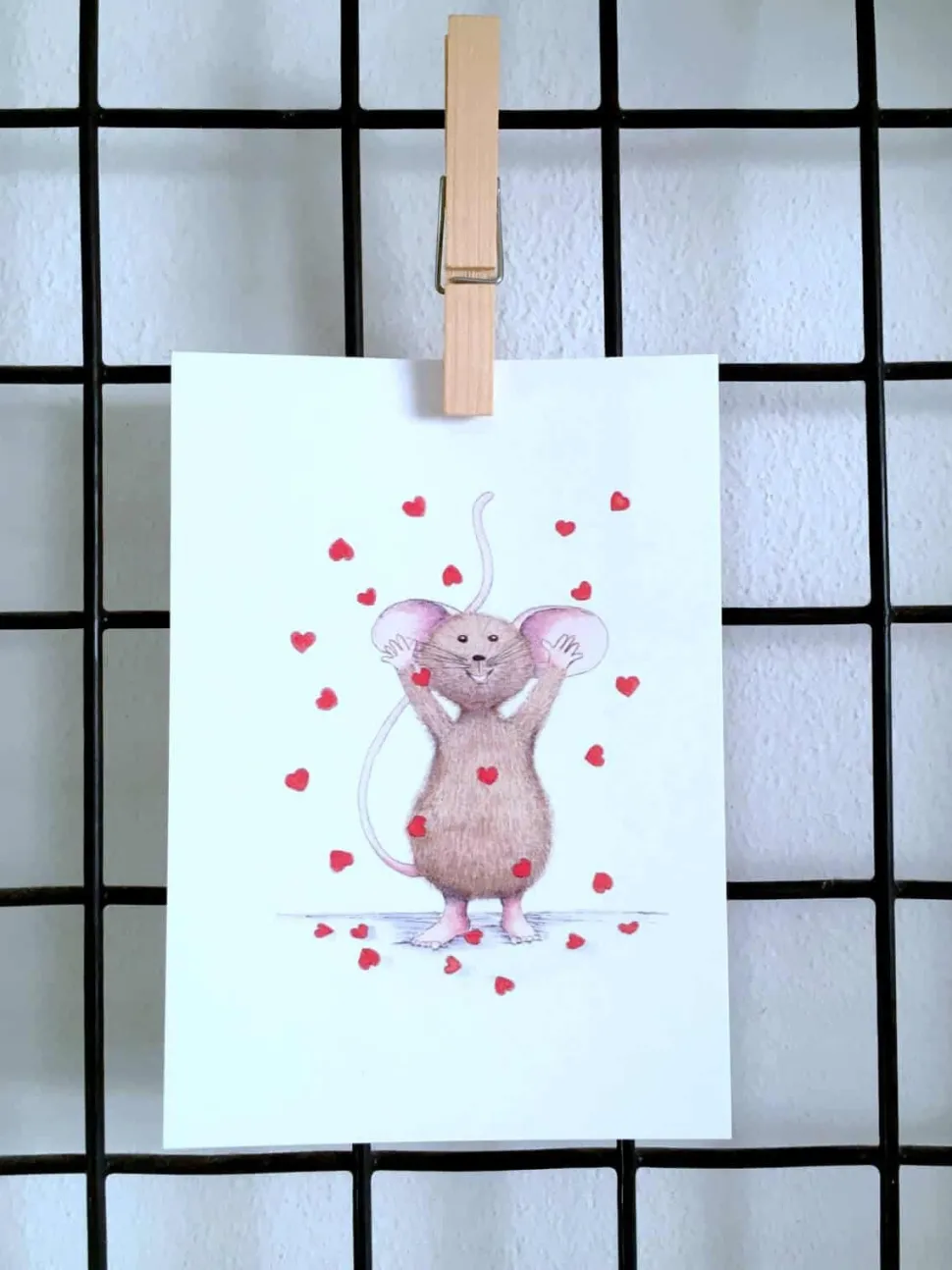 Anillustration Ansichtkaart Muisje gooit hartjes in de lucht