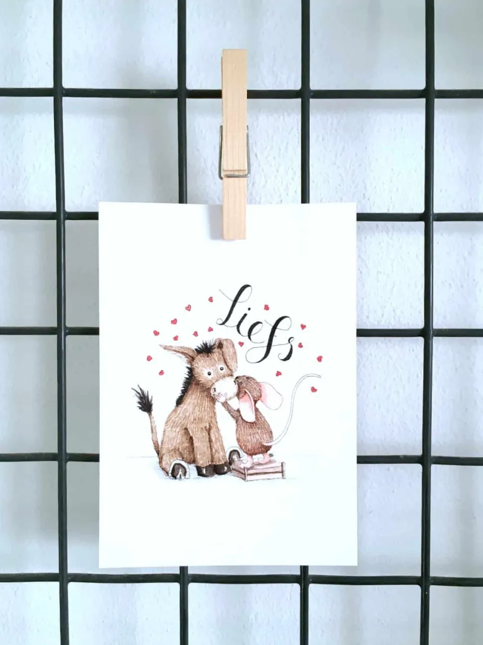 Anillustration Ansichtkaart Ezel & muis liefs met hartjes