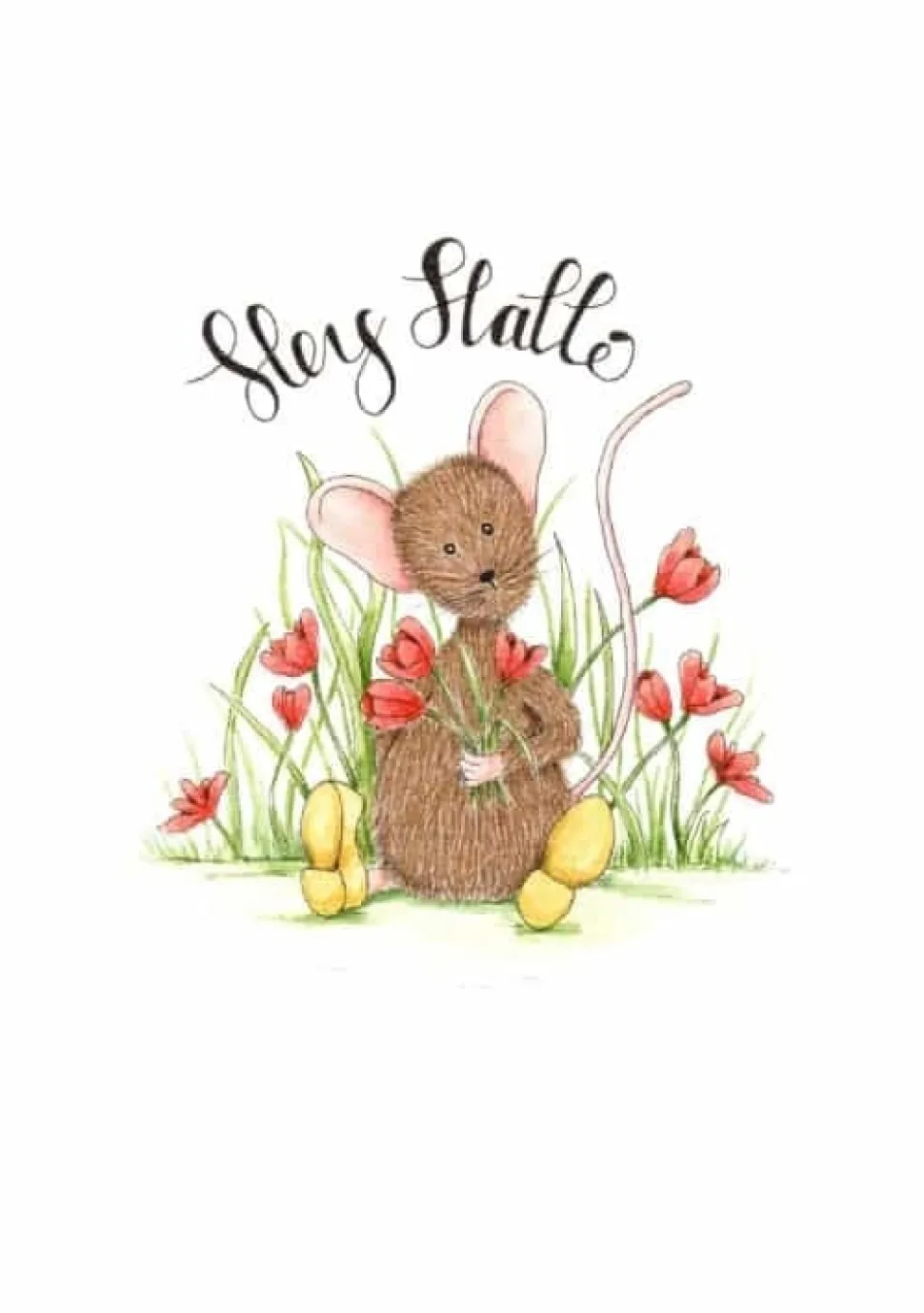Anillustration Ansichtkaart Hey hallo muisje met tulpen