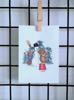 Anillustration Ansichtkaart Muisjes maken sneeuwpop