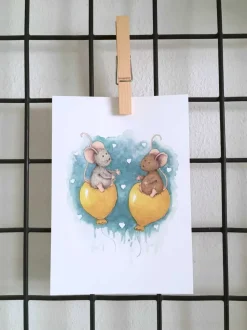 Anillustration Ansichtkaart Muisjes op gele ballonnen liefde