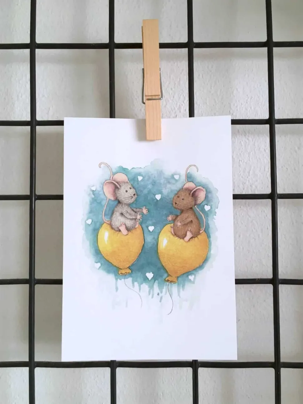 Anillustration Ansichtkaart Muisjes op gele ballonnen liefde