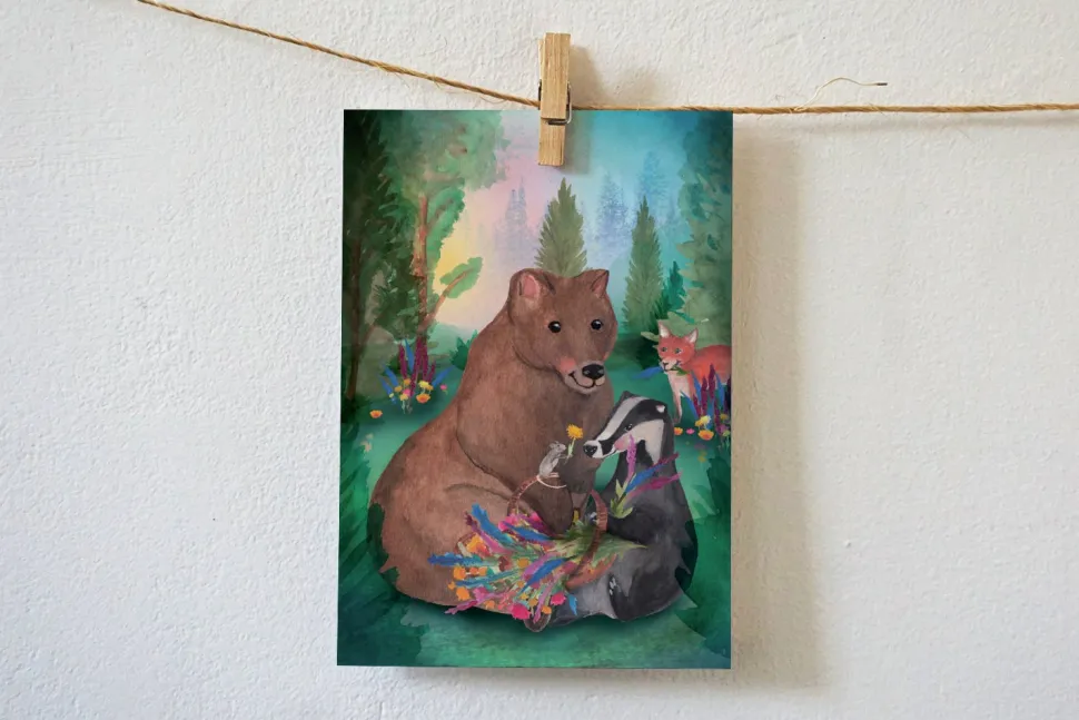 Lotte Drouen Ansichtkaart Bosdieren Bedankt met Bloemen